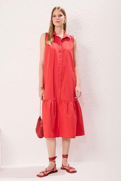 Trendyol Collection Pomegranate Flower Straight Straight Cut Midi Woven Dress Twoss25El00439