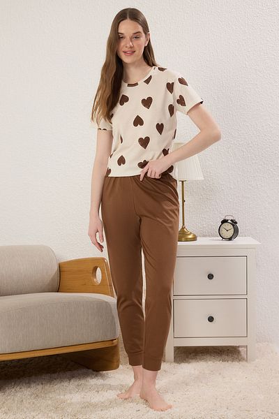 Trendyol Collection Brown-Multicolored Cotton Heart Knitted Pajamas Set Thmss25Pt00383
