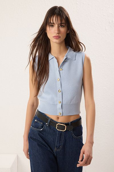 Trendyol Collection Ανοιχτό μπλε γιακά Polo Premium νήμα / Πλεκτό με ειδικό νήμα Λεπτή μπλούζα TWOSS25BZ00368