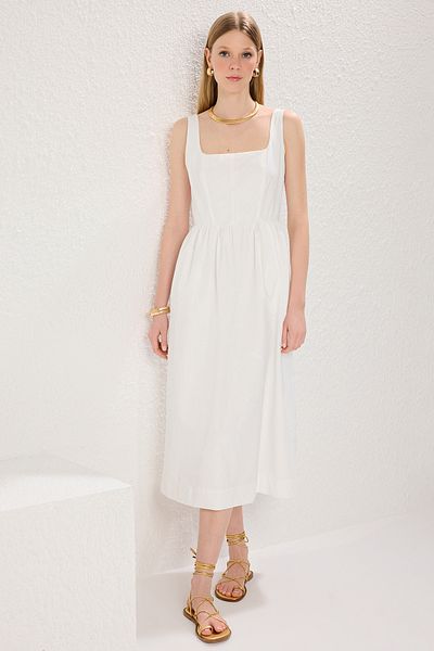Trendyol Collection White Waist Opening Corset Stitching Detail Lined Midi Woven Dress Twoss24El00038