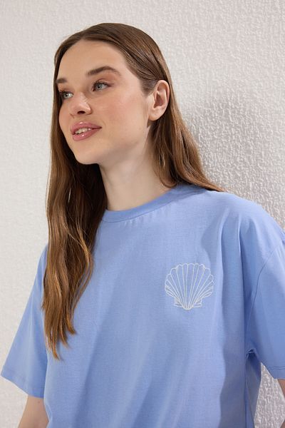 Trendyol Collection Tricou supradimensionat tricotat - Albastru, imprimat pe spate TWOSS25TS00106