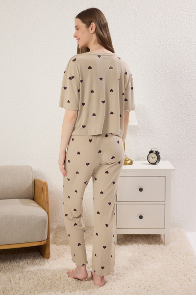 Trendyol Collection Mint Heart Slogan Guma Detailní Žebrovaná pletená sada pyžama Thmss24Pt00404