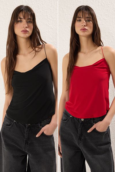 Trendyol Collection Black-Red 2-Pack Straps Regular Fit Knitted Blouse Twoss25Bz00437