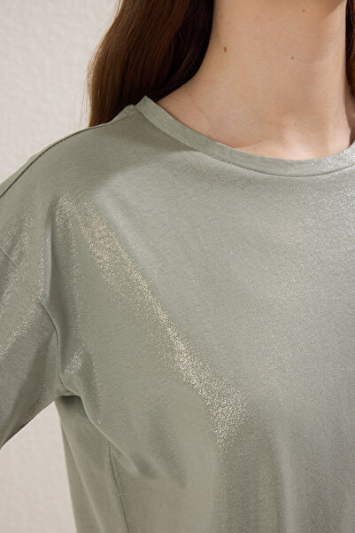 Trendyol Collection Ανοιχτόχρωμη πλεκτή μπλούζα χακί με στάμπα με φύλλο - κανονική εφαρμογή TWOSS24BZ00097