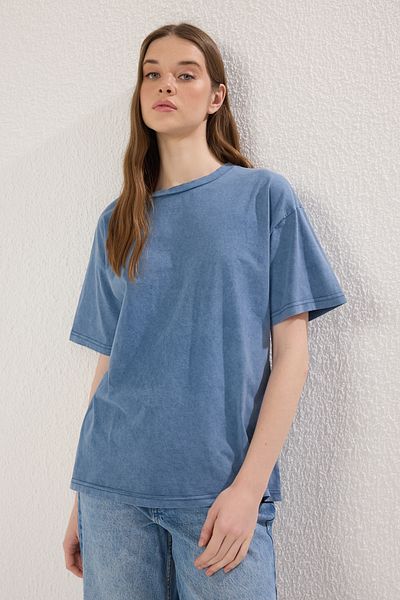 Trendyol Collection Tricou Indigo Crew Gât 100% bumbac Wide Fit - Efect decolorat, TWOSS23TS00112