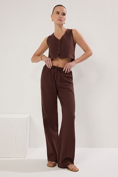 Trendyol Collection Brown Knitted Wide Leg Set - Regular Fit Twoss25Au00061