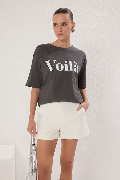 Trendyol Collection Anthracite Slogan Printed 100% Cotton Oversize T-Shirt - Twoss25Ts00179