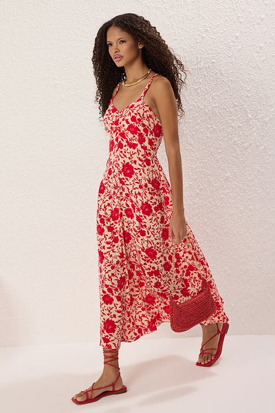 Trendyol Collection Roter Blumenrock, gewebtes Midi-Kleid mit Gipsverschluss an der Taille TWOSS25EL00036