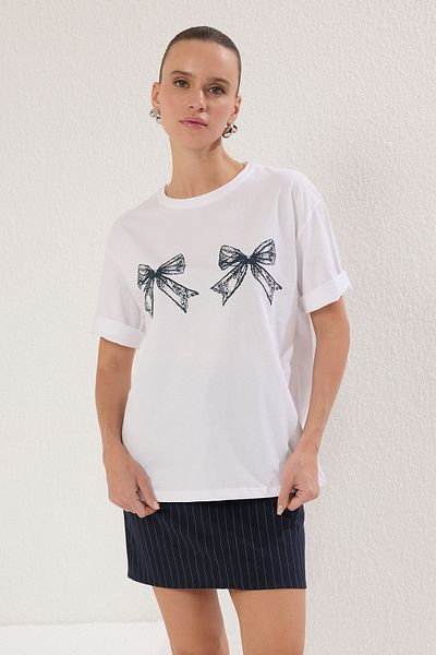 Trendyol Collection Ribbon Print Ecru Oversize Knitted T-Shirt - 100% Cotton Twoss25Ts00176