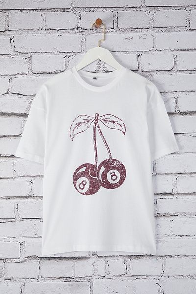 Trendyol Collection Pletené tričko Ecru - třešňový potisk, široký střih TWOSS25TS00122