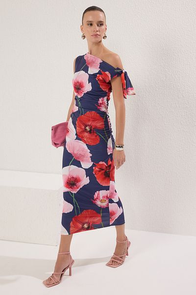 Trendyol Collection Εύκαμπτο φόρεμα με μολύβι με λουλούδια Indigo - TWOSS24EL00563