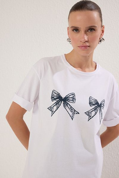 Trendyol Collection Ribbon Print Ecru Oversize Knitted T-Shirt - 100% Cotton Twoss25Ts00176