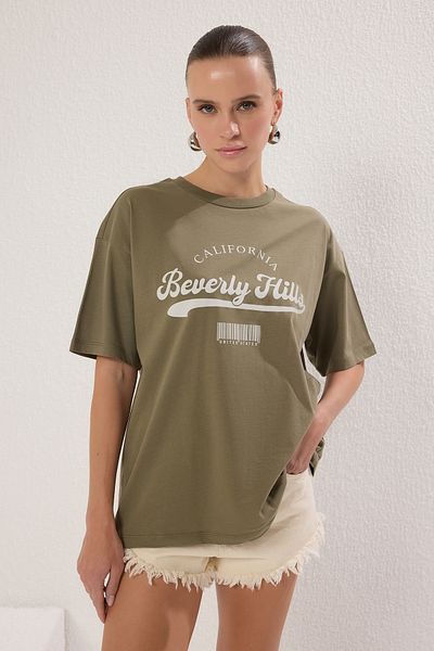 Trendyol Collection Khaki Printed Knitted Oversize T-Shirt - Twoss25Ts00121