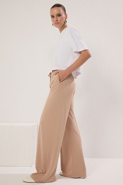 Trendyol Collection Beige Wide Leg Elastic High Waist Stretchy Soft Knitted Pants Twoss25Pl00058