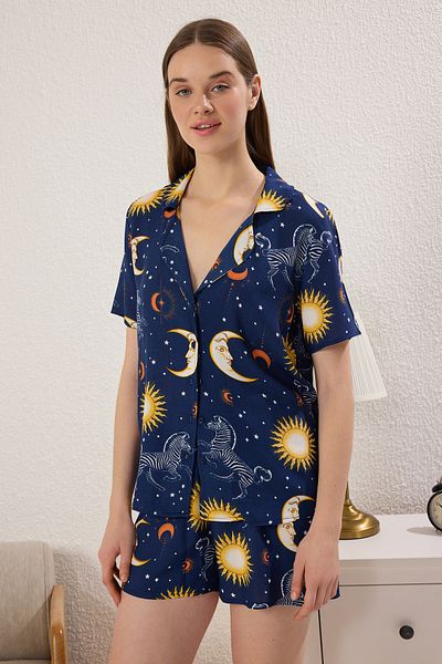 Trendyol Collection Navy Blue Bohemian Galaxy Patterned Viscose Shorts Woven Pajamas Set Thmss25Pt00317