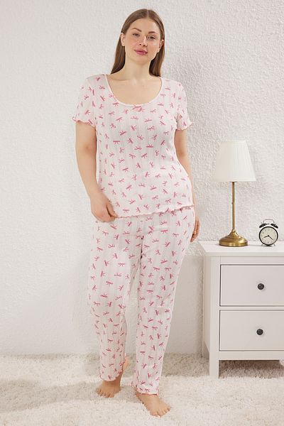 Trendyol Curve Rosafarbenes, durchbrochenes, gestricktes Pyjama-Set mit Schleifenmuster