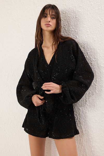 Trendyol Collection Black Glitter Sequin Knitted Short Jumpsuit Tprss25Tu00001