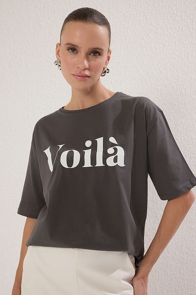 Trendyol Collection Anthracite Slogan Printed 100% Cotton Oversize T-Shirt - Twoss25Ts00179