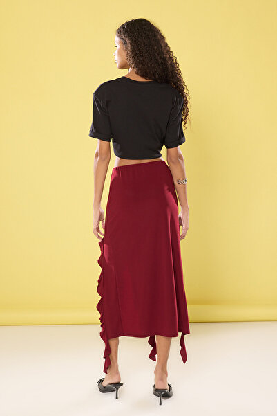 Trendyol Collection Flexible Burgundy Fish Maxi Skirt - Slit and Ruffle Detail Twoss24Et00066
