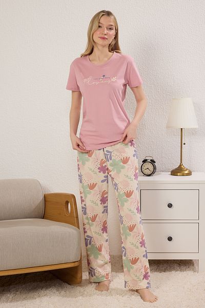 Trendyol Collection Pink Cotton Floral Slogan Knitted Pajama Set