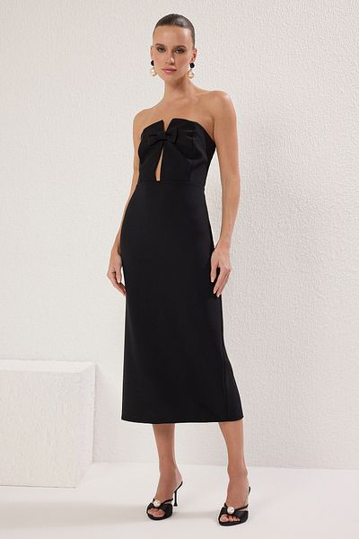 Trendyol Collection Černé rovné tělo objímající mašle Tkané stylové/večerní šaty Finike Midi bez podšívky