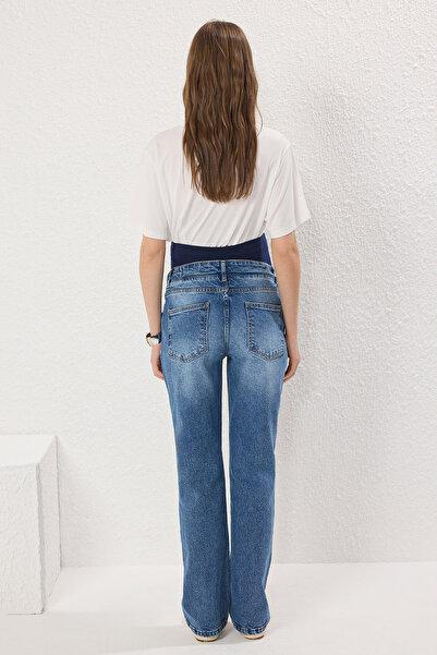 Trendyol Collection Blugi cu panouri pentru abdomen albastru - Mărime mare - Curea elastică cu croială dreaptă TBBSS25CJ00028