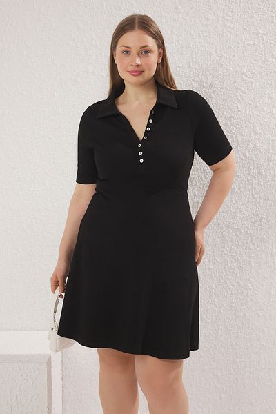 Trendyol Curve Plus Size Black Polo Neck Button A-Line Camisole Dress - Tbbss25Ah00189