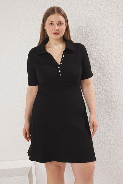 Trendyol Curve Plus Size Black Polo Neck Button A-Line Camisole Dress - Tbbss25Ah00189