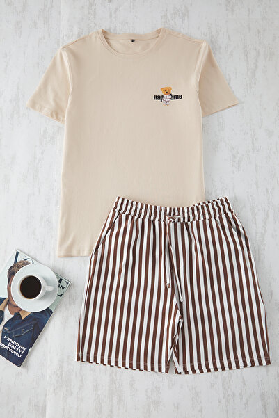 Trendyol Collection Μπεζ καφέ ριγέ Regular Fit Σετ Πιτζάμες Πλεκτό από 100% Βαμβάκι με Σορτς για Ζευγάρι TMNSS24PT00017