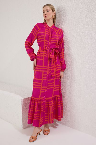 Trendyol Modest Φόρεμα με φούξια φύλλο βισκόζης υφαντό γεωμετρικό σχέδιο TCTSS25EB00086
