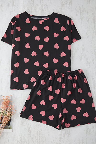 Trendyol Curve Black Heart Pattern Soft Button Milan Knitted Pajamas Set Tbbss25Ai00060