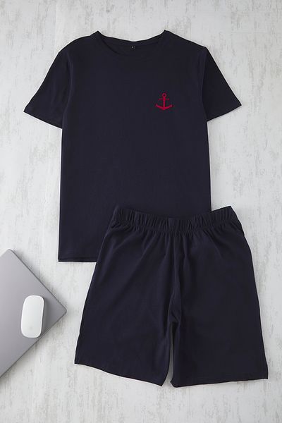 Trendyol Collection Σετ πιτζάμες με κεντητό σορτς Navy Blue Slim Fit - TMNSS25PT00068