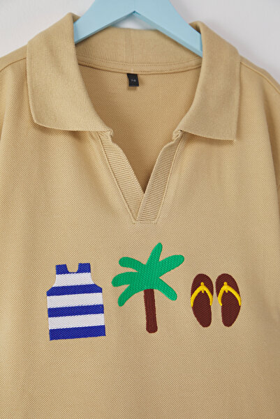 TRENDYOLKIDS Men's Men's Stone Kids Polo 100% Cotton Printed Collar Knitted T-Shirt Tkdss25Ts00081