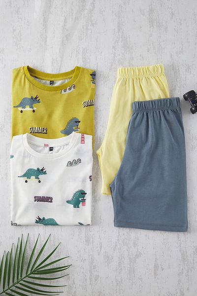TRENDYOLKIDS 4-dielna súprava chlapčenského pyžama Ecru Animal s potlačou TKDSS25AU00116