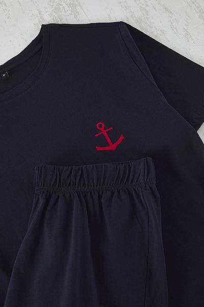 Trendyol Collection Σετ πιτζάμες με κεντητό σορτς Navy Blue Slim Fit - TMNSS25PT00068