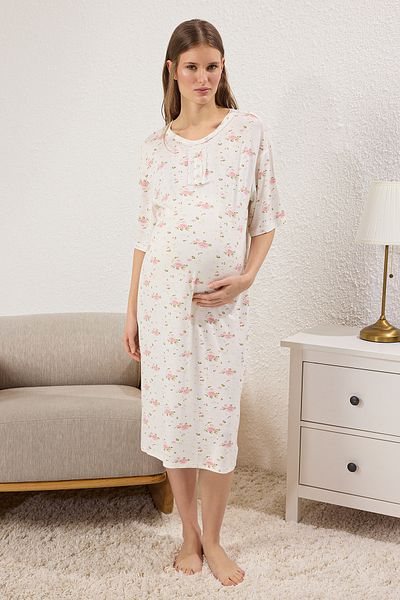 Trendyol Collection Cămașă de noapte din jerseu, 100% vâscoasă, cu imprimeu floral - alb, simplu THMSS25GC00016