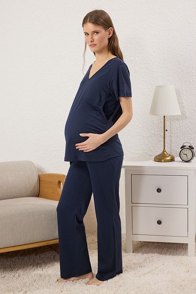 Trendyol Collection Marineblaues 3-teiliges Pyjama-Set aus 100 % Baumwolle – geeignet zum Stillen TBBSS25AI00069