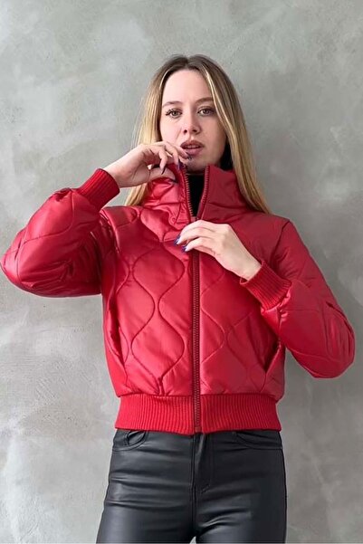 Caddebostan Moda Red Zippered Leather Mock Neck Modern Premium Luxury Trend Design Jacket