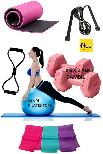 PLUSSPORT Plus Premium Pilates Set - 10mm Mat and Resistance Handles