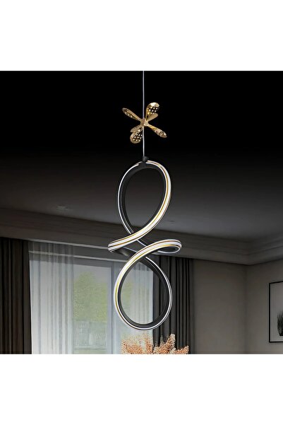 Sanctum Bonne  Siyah Özel Tasarım Gold Çizgili Gold Kelebek Detaylı Sarkık Beyaz Ledli Avize