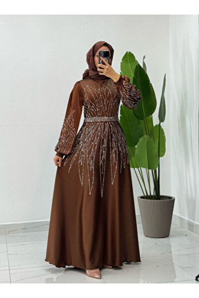 Modarana Saten Taş Detaylı Uzun Tesettür Abiye (NİŞAN-DÜĞÜN)