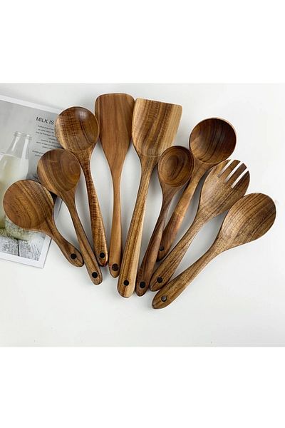 Choice 9pcs 1-9pcs/set Wooden Kitchen Utensils Set, Wooden Spoons For Cooking, Utensils,natural Teak Woode