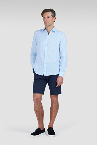 PAUL&SHARK Men's Regular Fit 100% Linen Solid Long Sleeve Blue Shirt 25413006 Cf-364