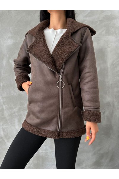 VERYMODA Deri Fermuarlı Yakası Kürklü Mont - Kahve Kahve | | F1534 - Kahve Kahve