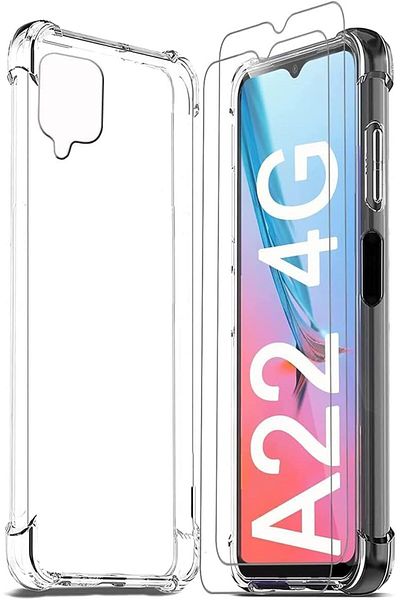 AWH Galaxy A22 4G Case – Clear Cover + 2-Pack Screen Protector for Full Edge-to-Edge Protection