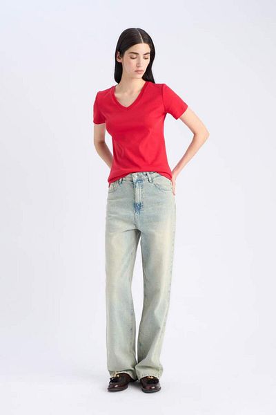 DeFacto Tricou cu mânecă scurtă, cu decolteu în V, slim fit, sezon nou