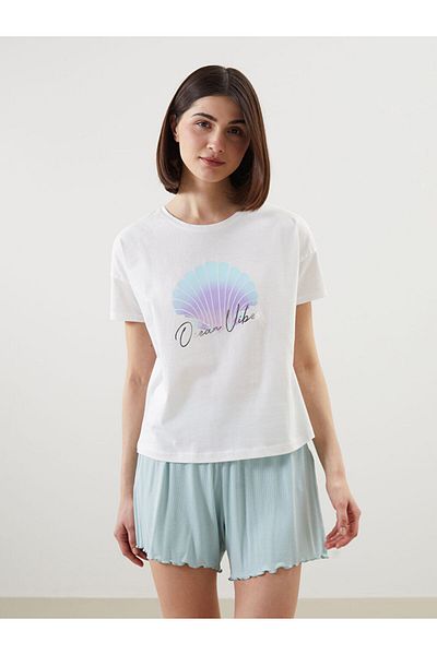 LC Waikiki Lcw Dream Ecru Crew Neck Printed Women's Pajama Top