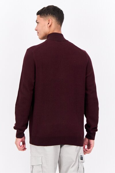 Perry Ellis Men Mock Neck Knitted Quarter Zip Long Sleeves Sweater, Maroon