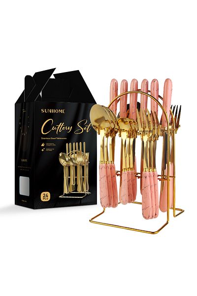Sunhome 24-Piece Stainless Steel Cutlery Set With Stand Gold/Pink