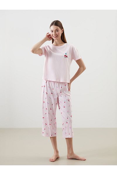 LC Waikiki Lcw Young Pink Crew Neck Printed Women's Capri Pajamas Set